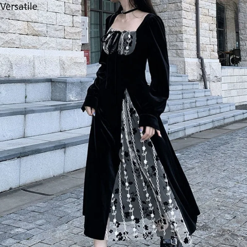 Купи Winter Black Vintage Velvet Dress Women Lace Patchwork Hepburn Party Midi Dress Female Elegant Fashion Designer Dresses 2022 New за 1,768 рублей в магазине AliExpress