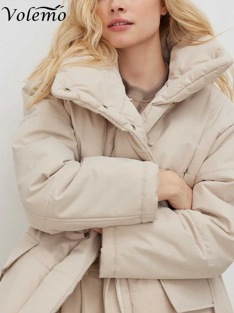 Volemo 2022 Quilted Jacket Women Winter Loose Parkas Coat Vintage Belted Outwear Office Ladies Warm Cotton Puffer Jackets Tops