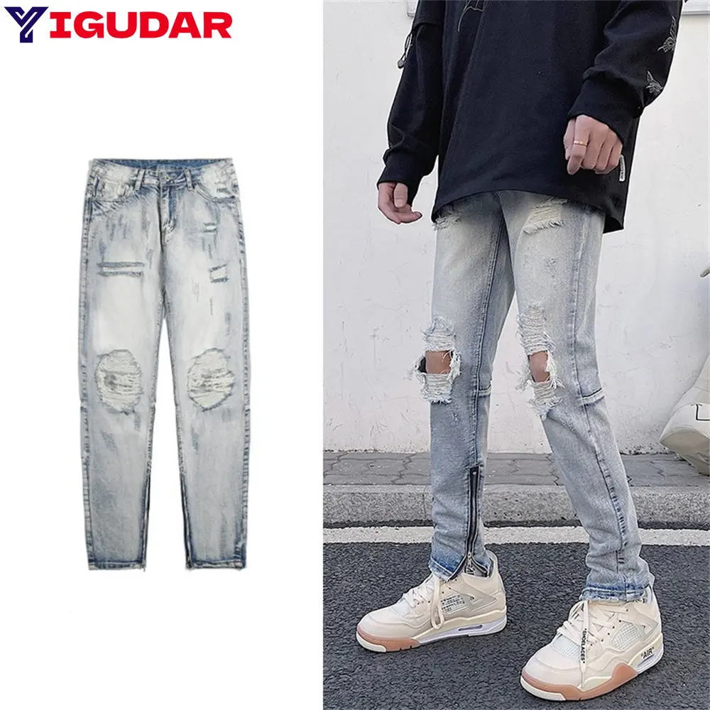 

Модные рваные узкие джинсы в уличном стиле, мужские винтажные однотонные джинсовые брюки, мужские повседневные облегающие джинсовые брюки-карандаш, горячая Распродажа