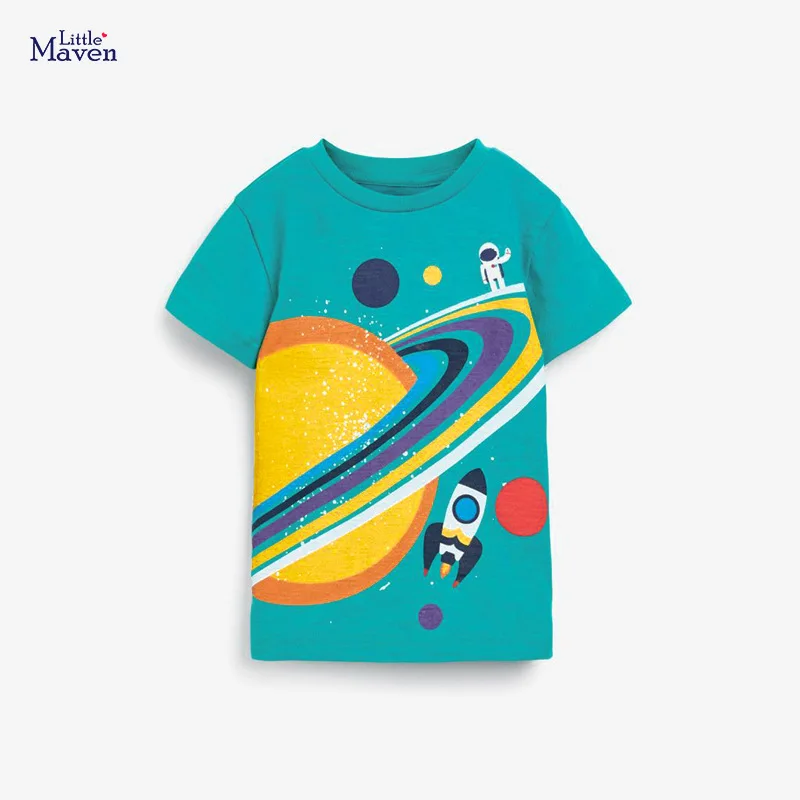 

Летняя одежда для мальчиков Little Maven 2023, хлопковая футболка, топы с космическим принтом, Детская Повседневная Удобная дышащая одежда для дете...