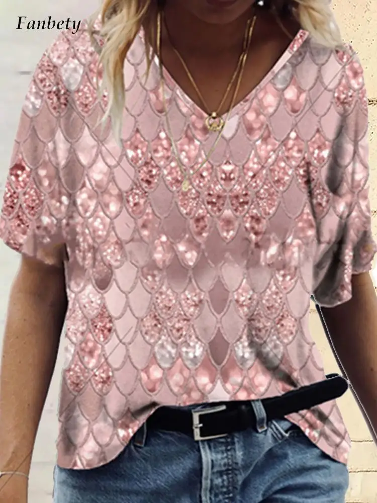 

Elegant V-Neck Blouses Shirt Women 2022 Spring Summer Short Sleeve Loose Casual Tops Pullover Femme Fashion Pattern Print Blouse
