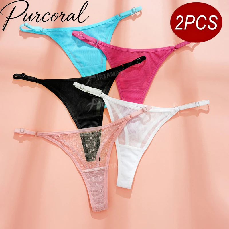 Фото Purcoral 2 шт. Женские трусики-стринги с регулируемыми бретелями, сетчатые, сексуальные, с низкой посадкой, прозрачные, дышащие, женское нижнее белье. №1