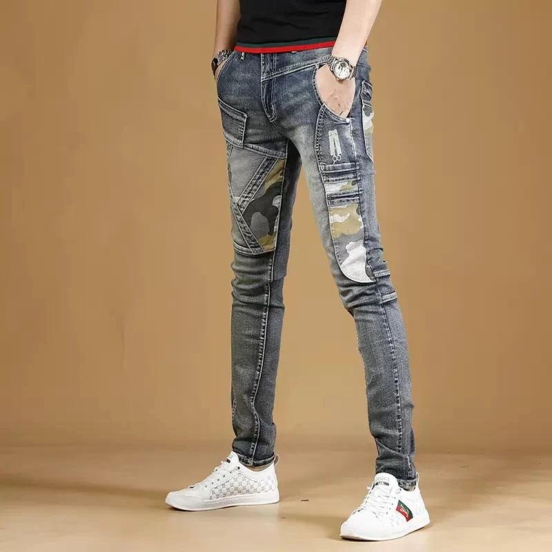 Autumn Men Blue Jeans Camouflage Patchwork Pants Streetwear Casual Slim Fit Denim Trousers