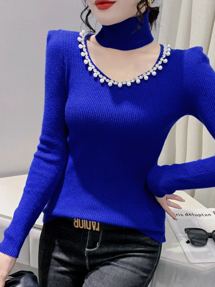 Winter turtleneck sweater women autumn clothes scarf knit bottoming shirt beading cut out tight solid sweaters long sleeve top
