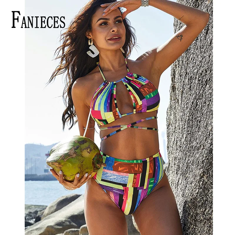 

Сексуальный купальник FANIECES, Женский бандажный купальник из 2 частей, бикини, купальник в цветную полоску, летняя пляжная одежда, бикини, браз...