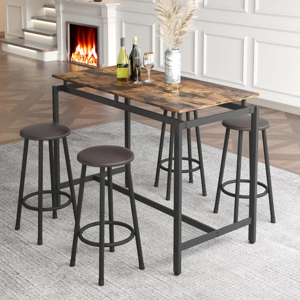 

Miniyam Bar Table and Stools, Industrial Counter Height Pub Table with 4 Chairs, Espresso