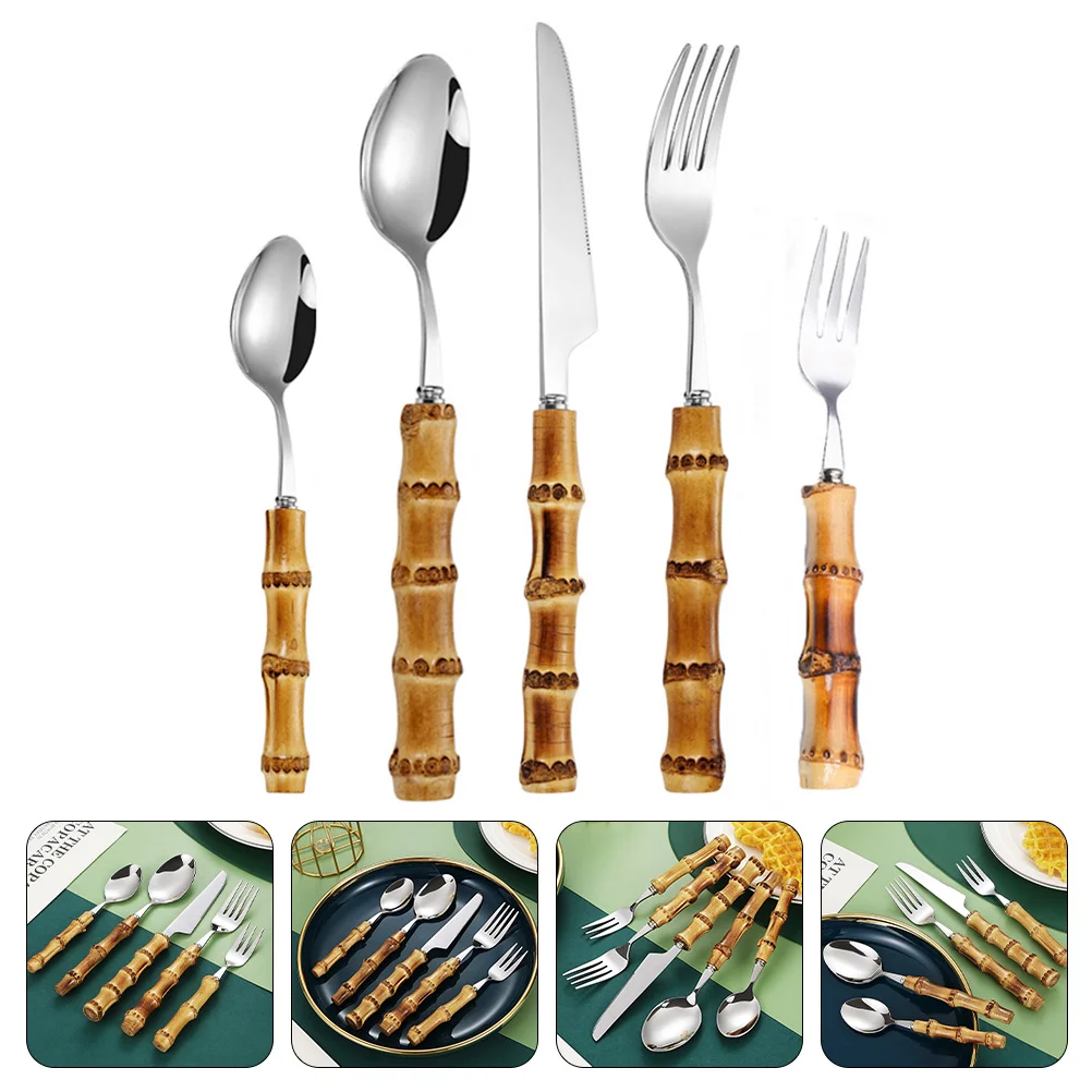 

Bamboo Cutlery Set Western Food Dinner Fork Stainless Flatware Steel Tableware Travel Silverware