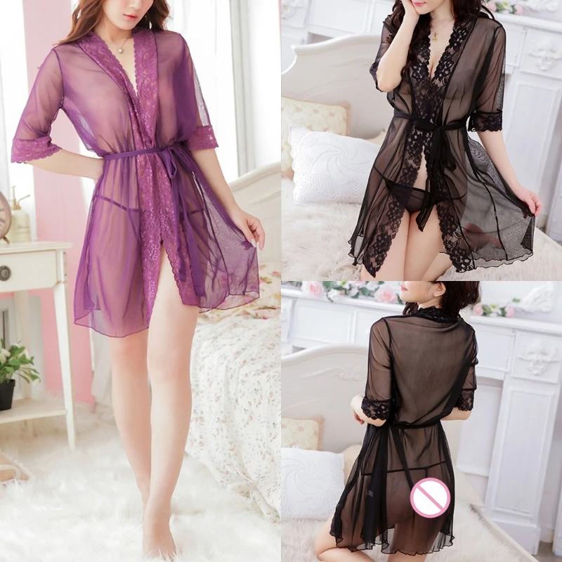 

Women Robe Lace Kimono Babydoll Lingerie With Belt Sheer Nightgown New