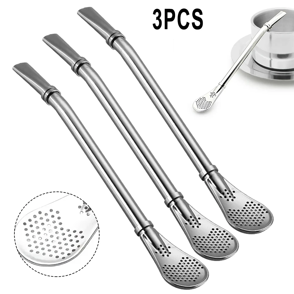 

3PCS Straws Drinking Straws Filter Stainless Steel For Coffee Stirring Filter Residue Spoon 15.8x2.1cm Reusable Washable