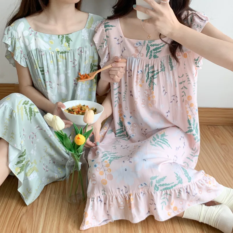 Women's Dresses 2023 Trend Ladies Nightwear Sweets Pajama Floral Print Pretty Gown Long Length Skirts New In Younger's Sleepwear