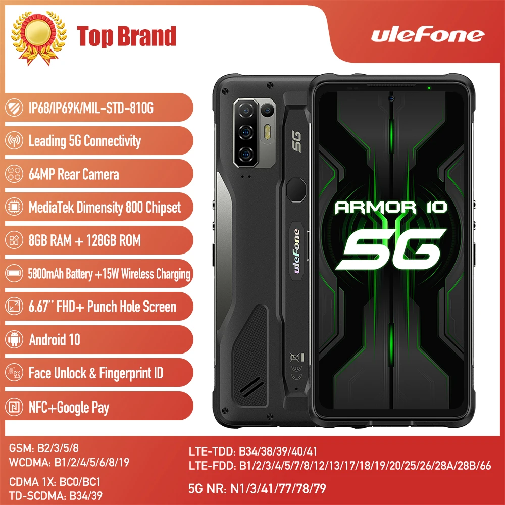 

Ulefone Armor 10 5G Rugged Phone 8GB 128GB Face Fingerprint ID 5800mAh Battery 6.67" Android 10.0 Octa Core OTG NFC Smartphone