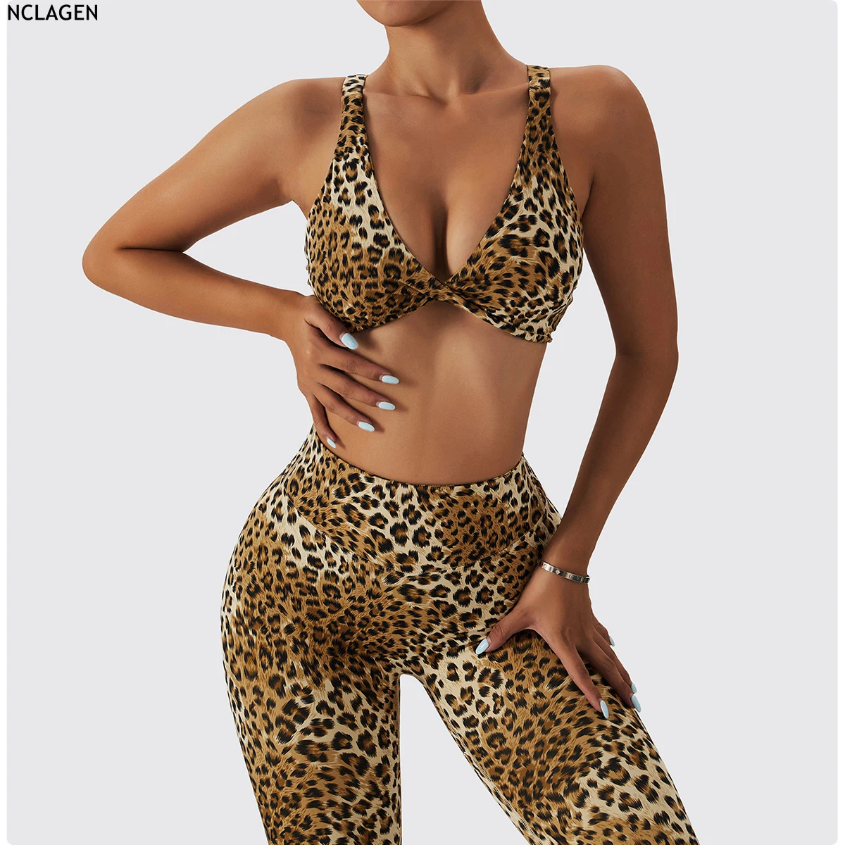 

NCLAGEN Leopard Yoga Set Women Beautiful Back Cross Bra Sports Suit Peach Hip Lifting High Waist Pants Fitness GYM Sportwear