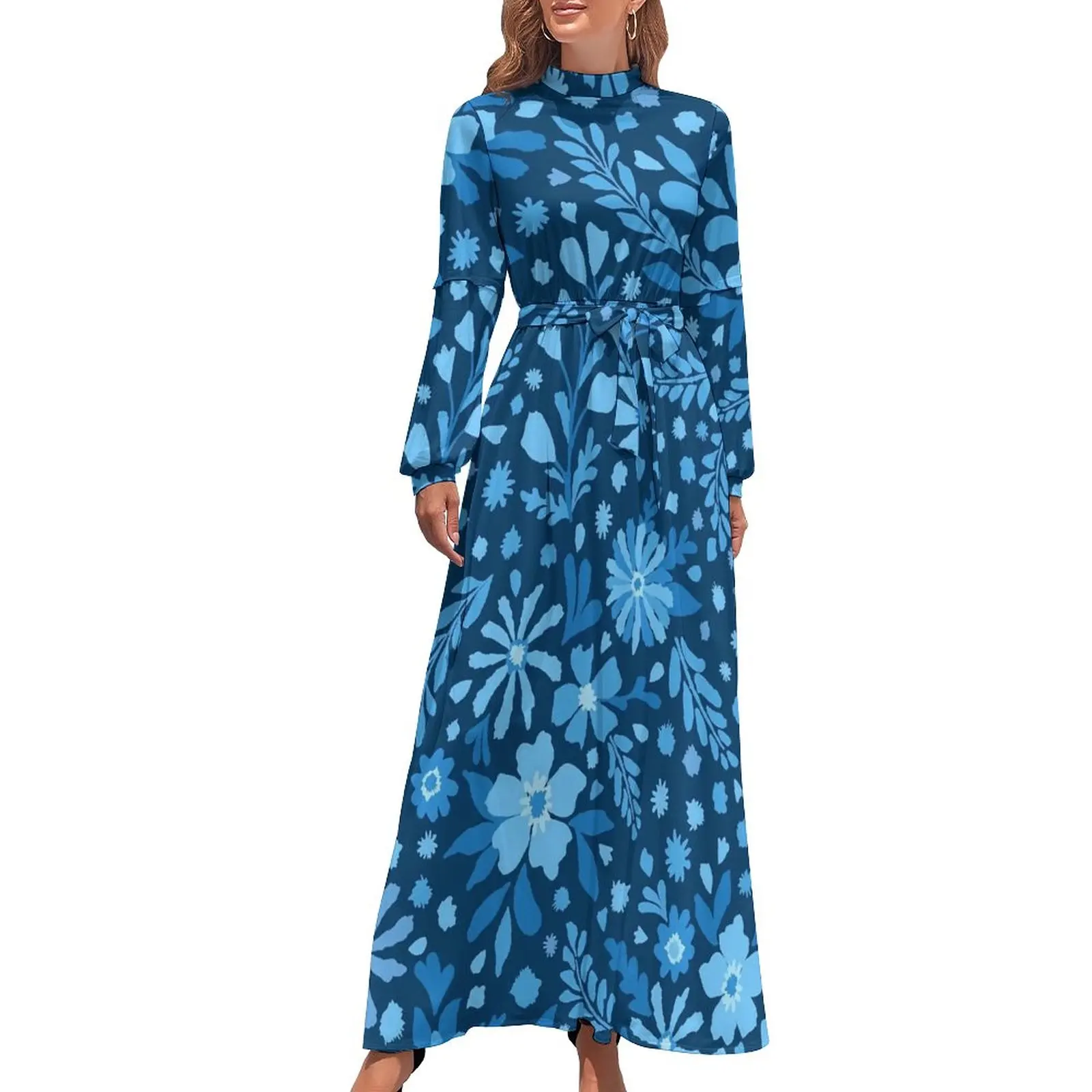 

Платье-макси с цветочным принтом, высокой талией и длинным рукавом