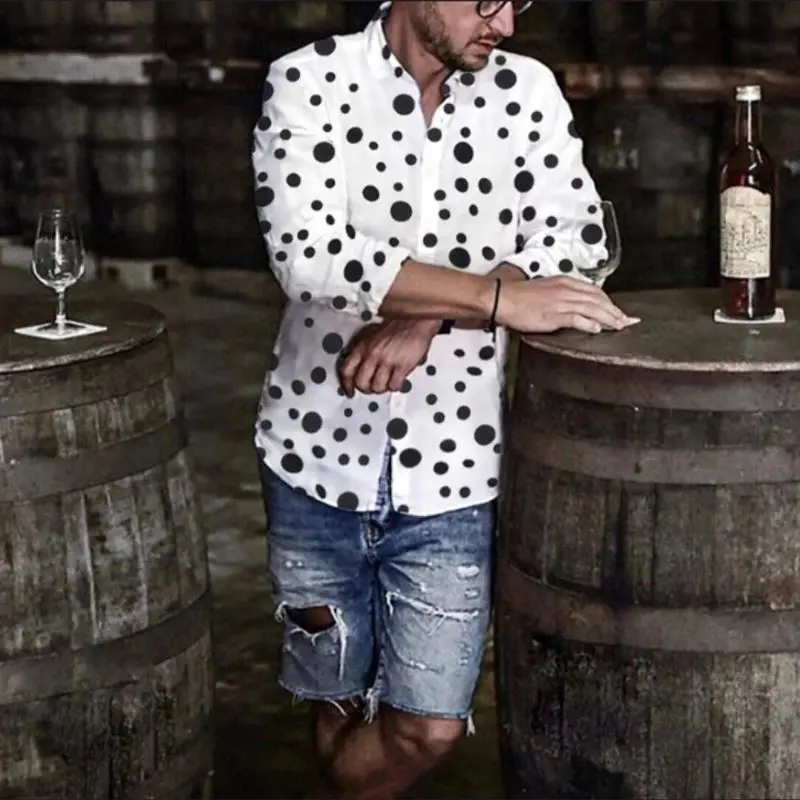 2022 New Single Breasted Black Dot Men's Shirts Business Casual Fashion Long Sleeve Fleece Men's Shirts Autumn Slim Shirts for M