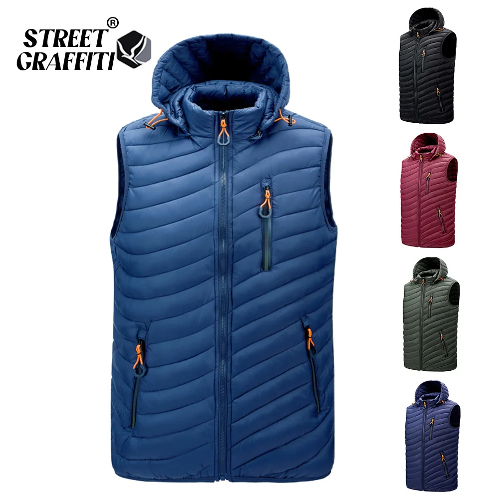 

2023 Men Sleeveless Down Vests Solid Hooded Vest Jackets Hot Fashion Male Winter Casual Pockets Waistcoat Windproof Jacket
