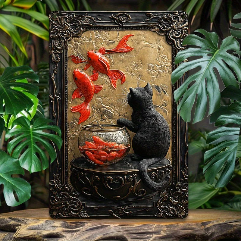 Декор комнаты 1 шт. Черный кот и пруд кои 3D алюминиевый настенный рисунок