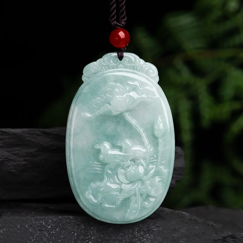 Hot Selling Natural Hand-carve Jade Lotus Mandarin Duck Necklace Pendant Fashion Jewelry Men Women Luck Gifts Amulet