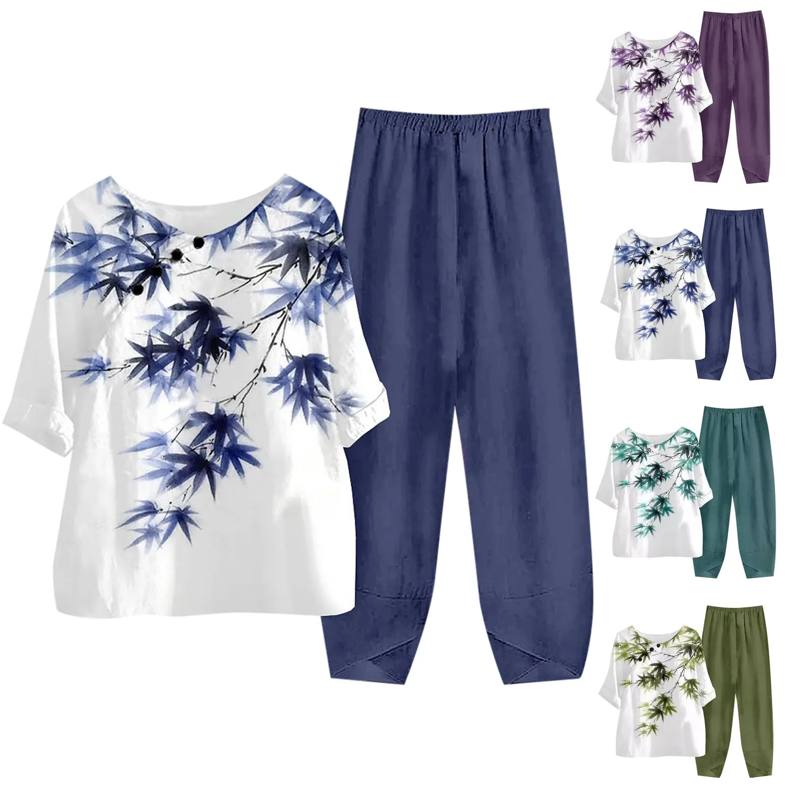 Женский элегантный брючный костюм с принтом топ круглым вырезом и рукавом три