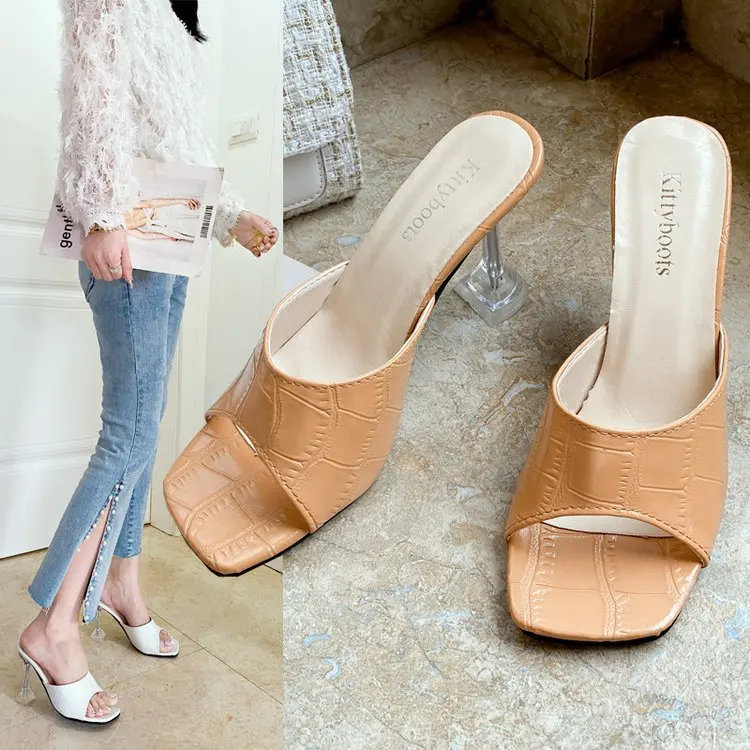 

Шлепанцы женские на тонком каблуке, повседневные сандалии, резиновая обувь, квадратный носок, без задника, роскошные Тапочки, большие размеры, лето 2023