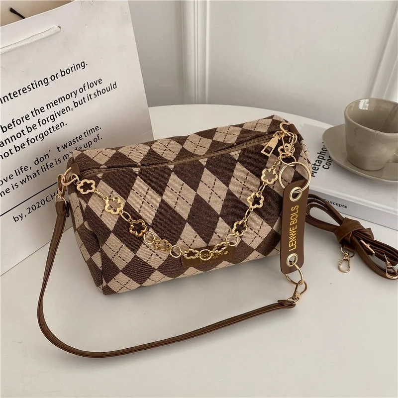 

Diamond Lattice Canvas Crossbody Bags For Women Flower Chain Shoulder Bag Boston Ladies Small Purses and Handbags Trended Brand