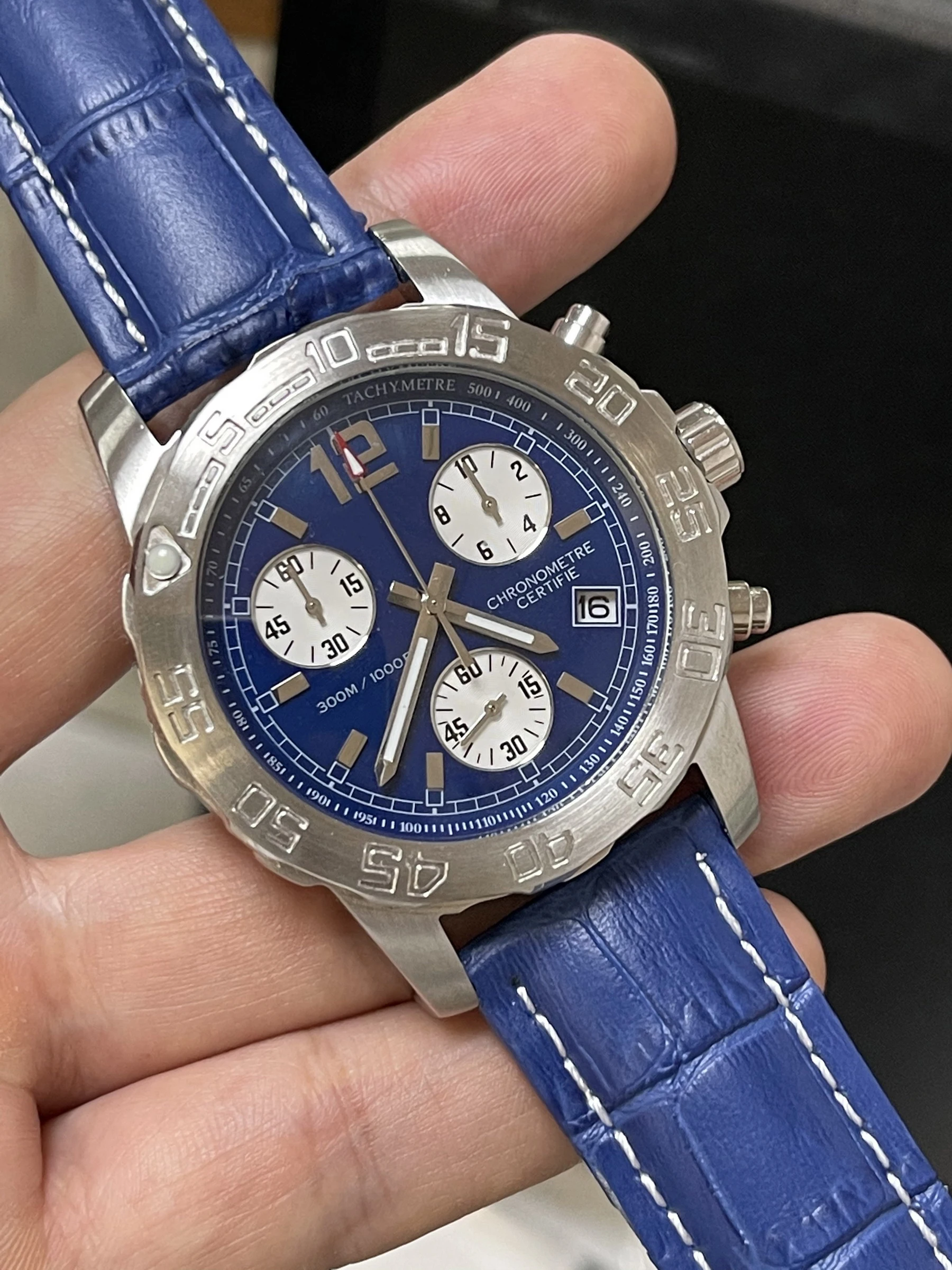 

mens Quartz Chronograph watch Black Blue Leather