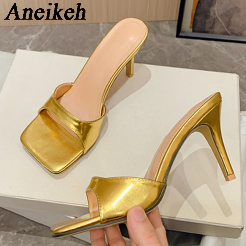 

Aneikeh 2024 Fashion Elegant Patent Leather Thin Heels Sandals Women's Summer Square Head Shallow High Heel Slippers Party Dress
