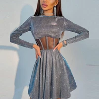 2022 ladies elegant ruffled ruffle dress new sexy shiny waist fluffy skirt female party hollow perspective striped mini dress