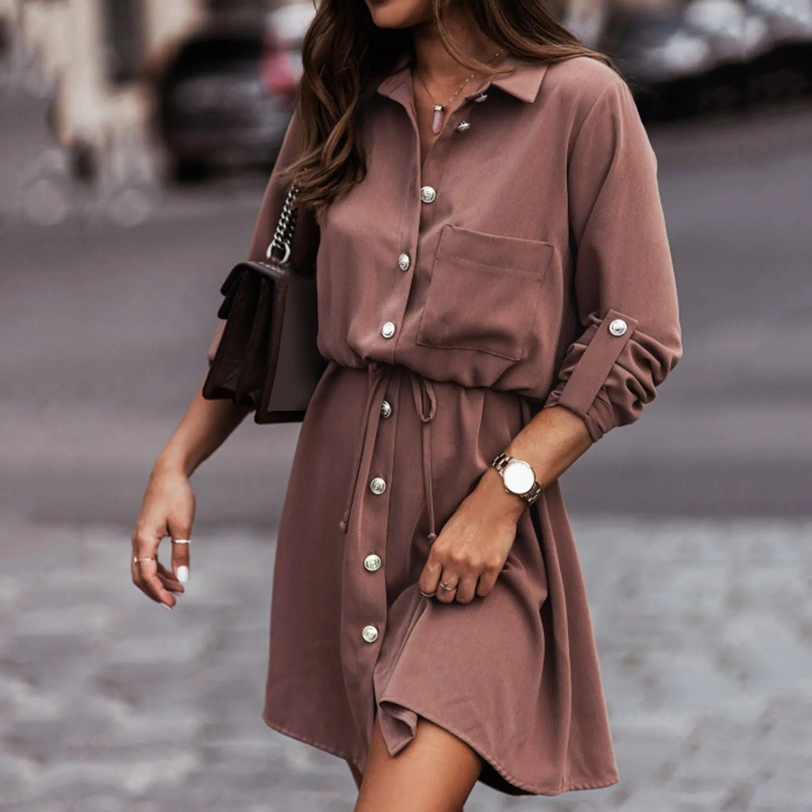 

Women's Fall And Winter Solid Color Waist Straps Button Lapel Long Sleeved Dress Long Sleeve Christmas Dress for Women