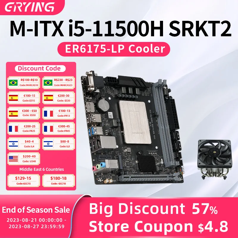 

ERYING M-ITX B560i Desktops Motherboard with Onboard CPU Kit interporser Core i5 11500H SRKT2+Push-down CPU Air Cooler ER6175-LP