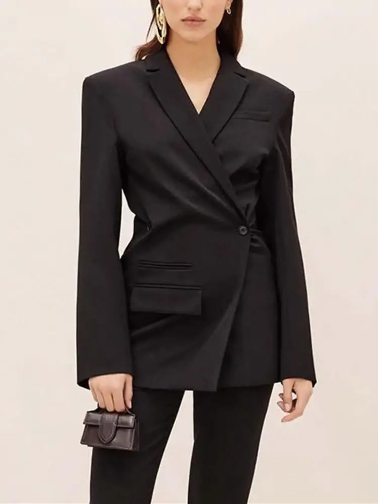 

Женский приталенный шерстяной костюм, черный шерстяной жакет с подкладкой на плечах и длинным рукавом, темпераментная куртка с двумя пуговицами, Осень-зима 2023