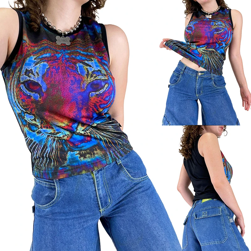 

90s 00s Streetwear Women Summer Tank Tops Sleeveless Tiger Pattern Printed Round Neck Vest Shirt for Female 2022 New