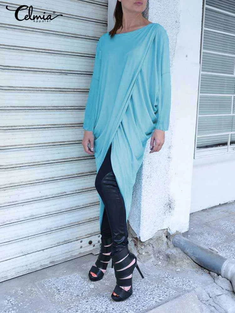 Celmia повседневные свободные эластичные длинные блузки для женщин 2023 модные драпированные блузки с круглым вырезом и рукавом летучая мышь с необычным подолом