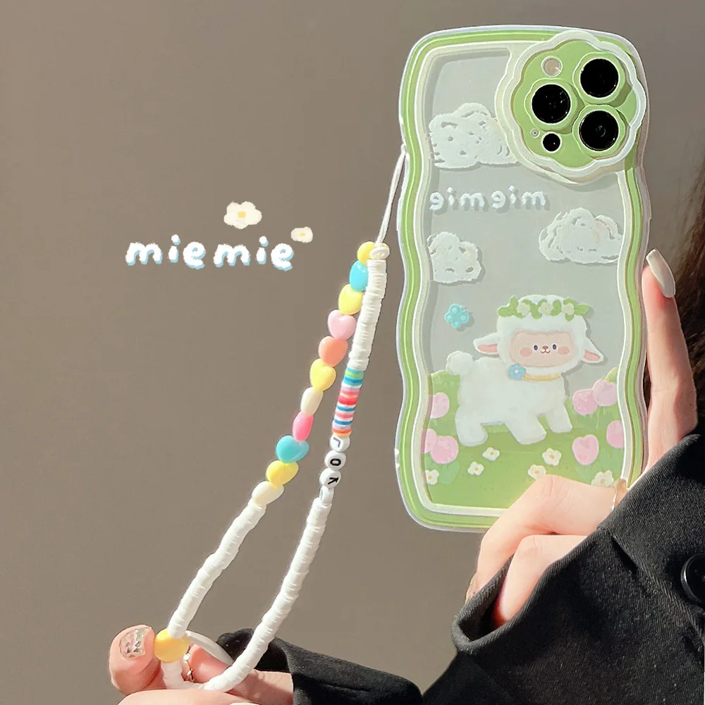 

Spring Style Cartoon Lamb Phone Case with Lanyard for iPhone 14 13 12 11 Pro XS Max 8 7 Plus X XR Shockproof Phone Cover