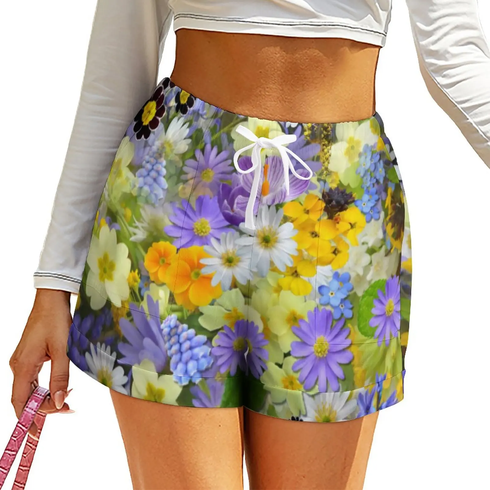 

Purple Daisy Print Shorts A Burst of Flowers Oversize Street Fashion Shorts High Waist Cute Short Pants Design Pockets Bottoms