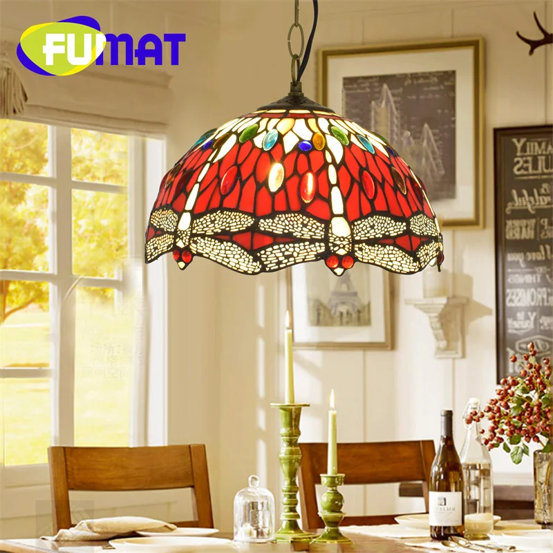 

FUMAT Tiffany Glass Garden style Dragonfly chandelier Art Deco Hotel Living Room Dining Room Study bedroom ceiling light