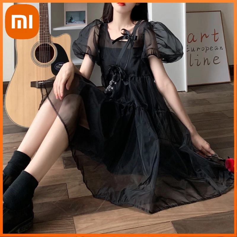 

Xiaomi Puff Sleeve Gothic Black Dress Women Casual Summer Evening Party Lolita Dresses Female Kawaii One Piece Dress Korean Y2k