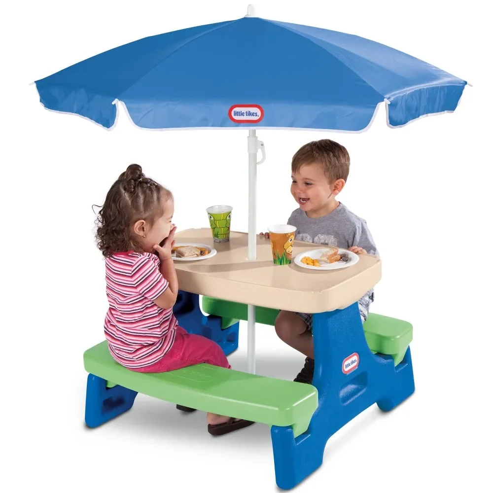 

Little Tikes Easy Store Jr. Picnic Table with Umbrella, Blue & Green - Play Table with Umbrella, Children Desk and Chair Set