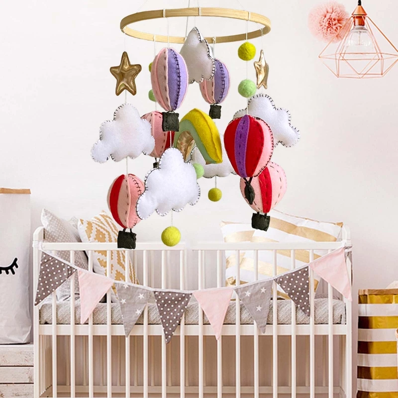

Baby Crib Mobile Wind Chime Color Hot Air Balloon Stars Clouds Wool Balls Rattle