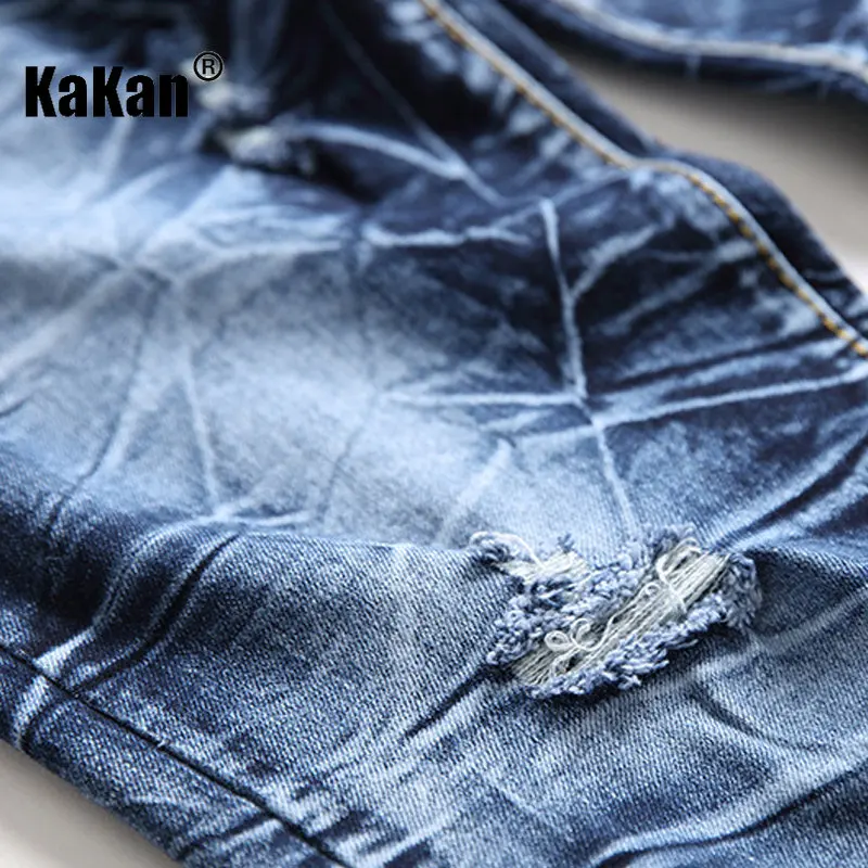 Kakan - European and American New Deep Blue Perforated Jeans for Men, Worn Out Stretch Trendy Straight Length Jeans K36-613
