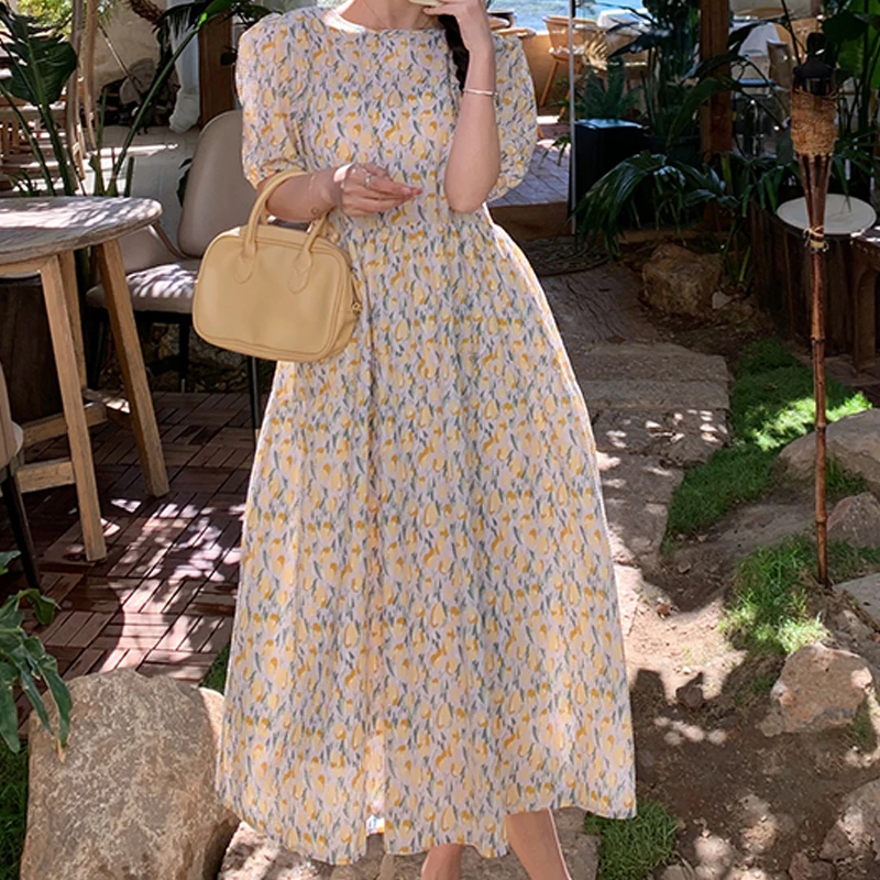 

Temperament Hollow Simple Round Neck Short Sleeve Summer Beautiful Floral Loose High Waist Thin Mid-Length Comfortable Dress