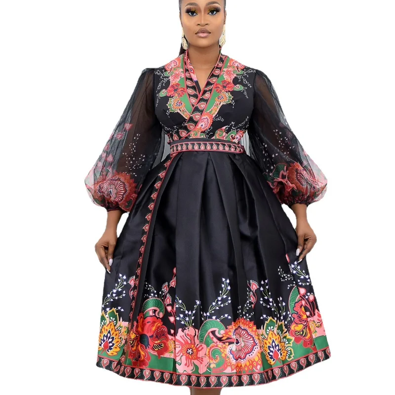 

Women Vintage Dresses Long Tulle Sleeve Flora Print PleatedVintage Dress Elegant Female Autumn Winter Party Birthday Clothes