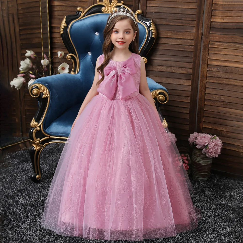 4-14 Years Kids Long Dress Big Bow Mesh Puffy ElegantTeenager Prom Dresses Girls Party Evening Bridesmaid Princess Kids Vestidos