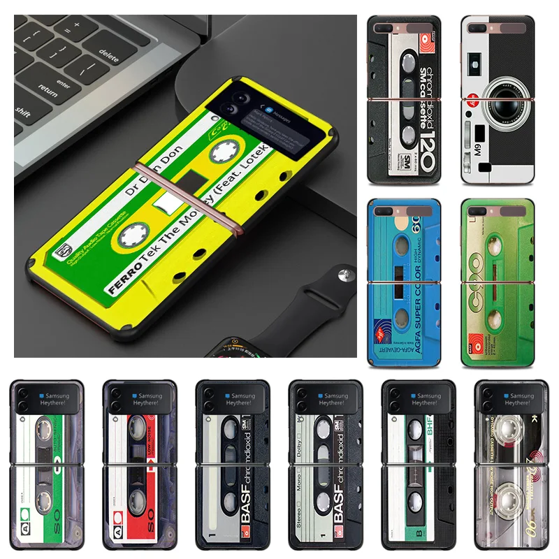 Black Hard Anti-Drop Phone Case For Samsung Z Flip 4 3 5G Retro Old Cassette Tape Pattern Print Galaxy ZFLIP4 ZFLIP3 Cover