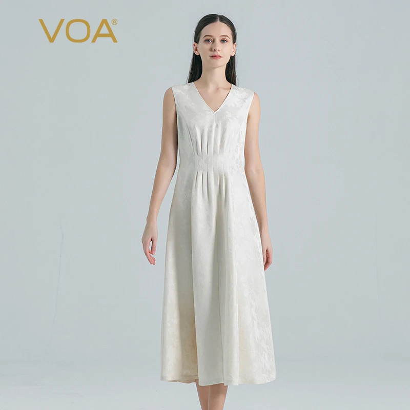 

(Fans Exclusive Discount) VOA Real Silk Jacquard Simple V-neck Sleeveless Office Laides Pleated Long Dress Summer 2023 AE1816