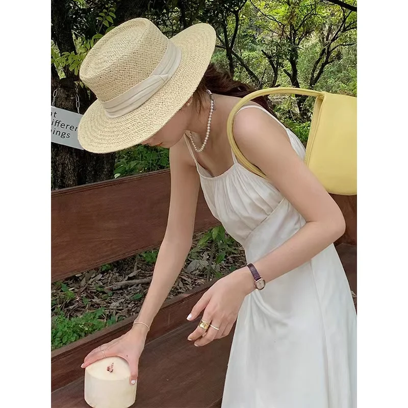 

2022 Satin texture irregular suspender one piece FAIRY DRESS French solid color tea break skirt