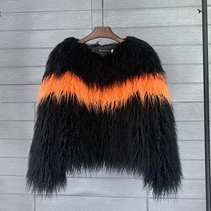 Winter Women's Short Coat Lamb Hair Cardigan Splice Color Contrast Imitation Fur Coat