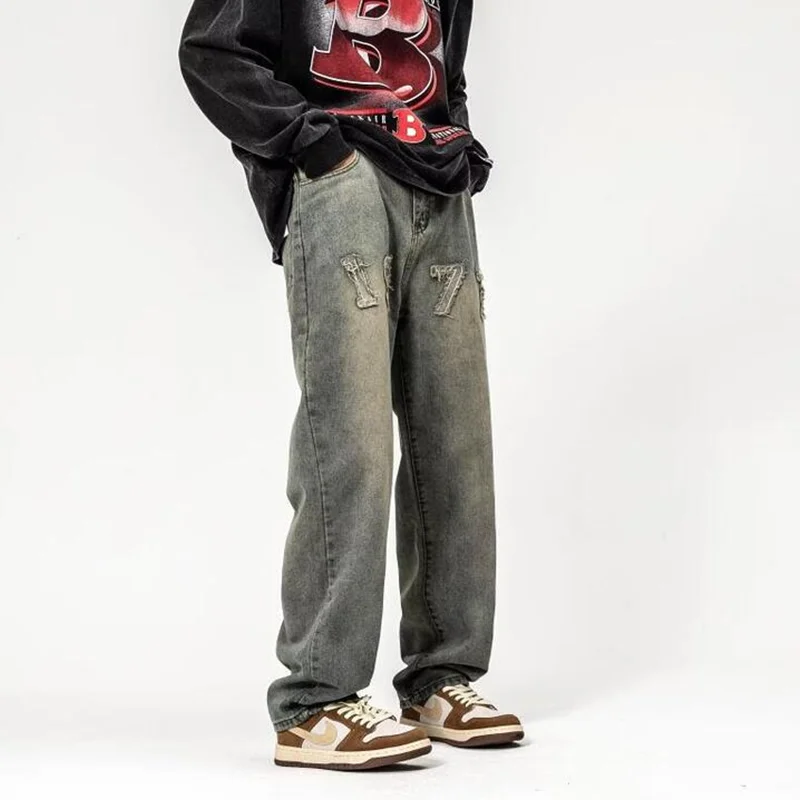 Streetwear Men 2022 New 1977 Embroidery Loose Straight Cylinder Blue Jeans Temperament Versatile Wide Leg Trousers Autumn Female
