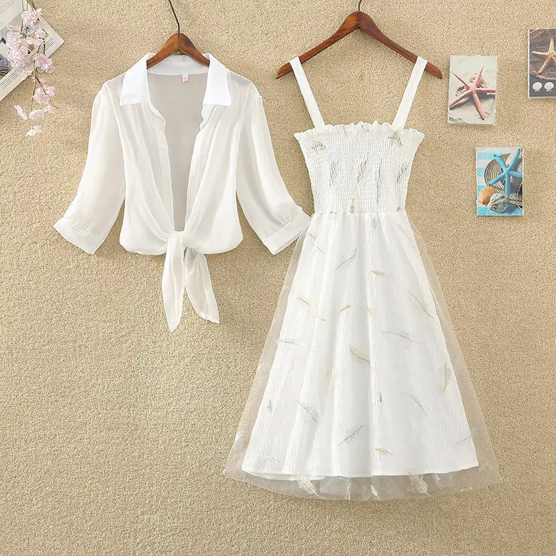 

Women 2022 Summer Dress Suit Female Fashion Retro Printed Chiffon Dress Ruched Dresses and Chiffon Blouse Two-piece Suit N69