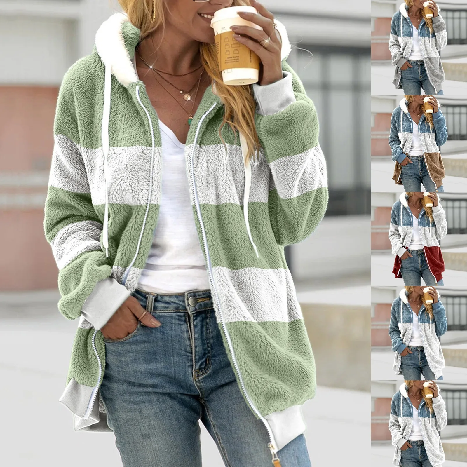 

2022 New Autumn and Winter Loose Plush Multicolor Patch Hooded Cardigan Casual Coat Women