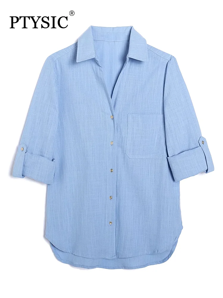 

PTYSIC Women Casual With Solid V-Neck Collar Lightweight Shirts 2022 Summer Front Pocket Sleeve With Buttoned Office Lady Tops